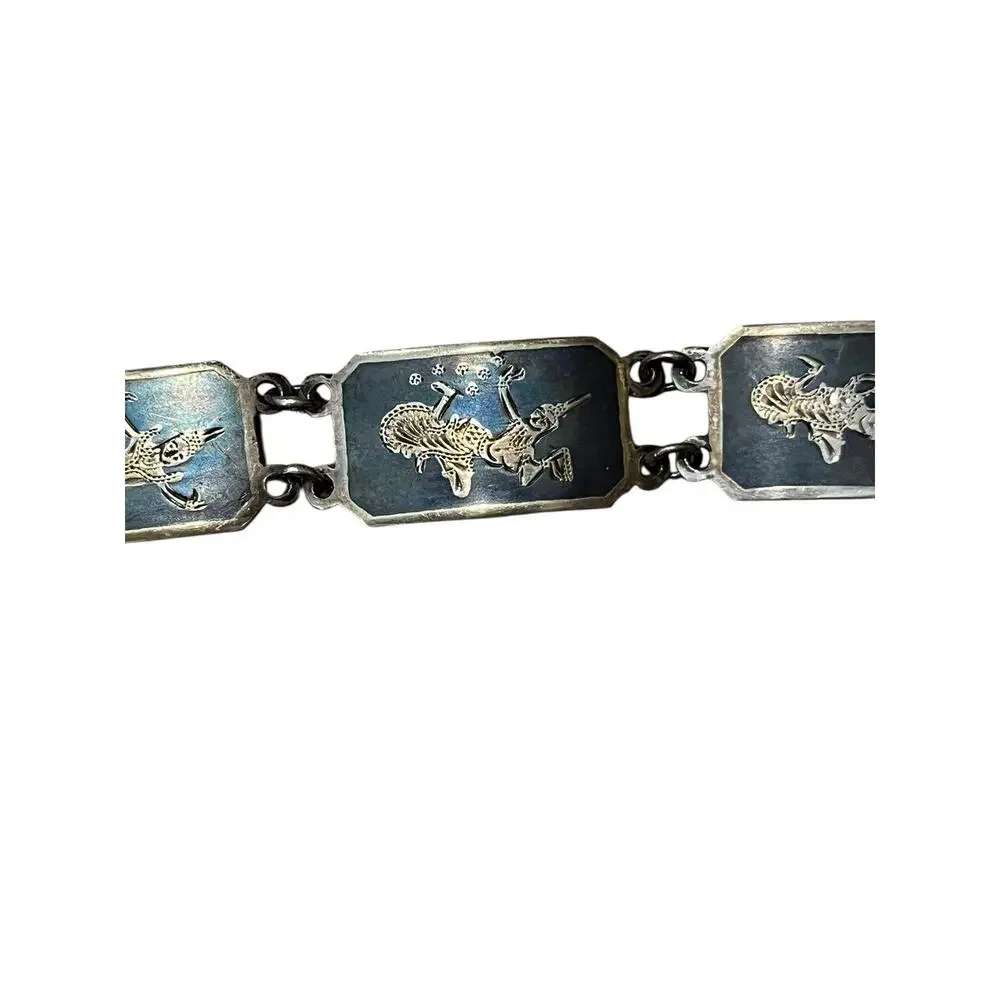 Vtg sterling Thai Siam Nielloware Link 8” bracelet & Earrings (1.25”)
